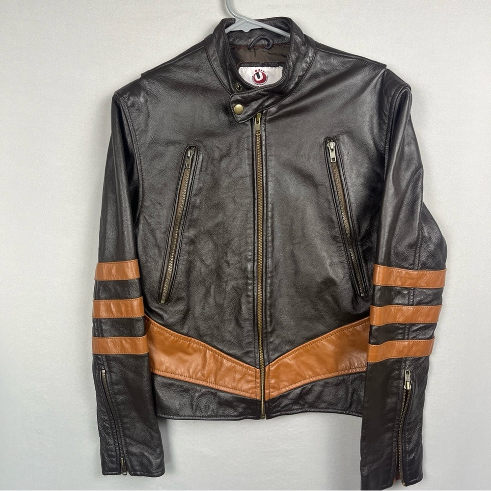 Vtg Ultimo Leather Jacket Women’s Small Biker Motorcycle Brown Fashions Striped